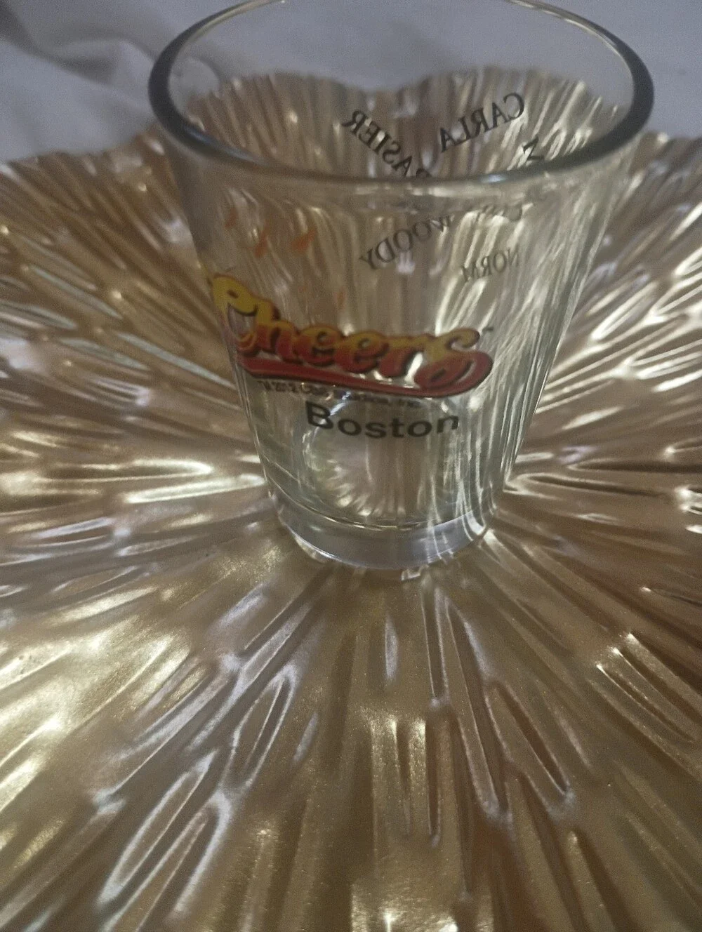 Boston Cheers Branded Shot Glass - Clear Glass, Cast Names On The Other Side